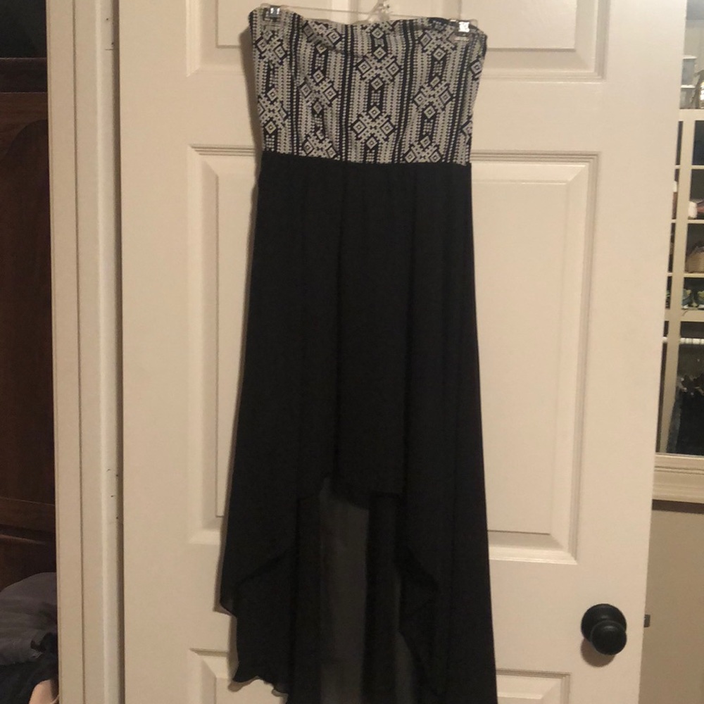 Black high-low dress with white patterned top